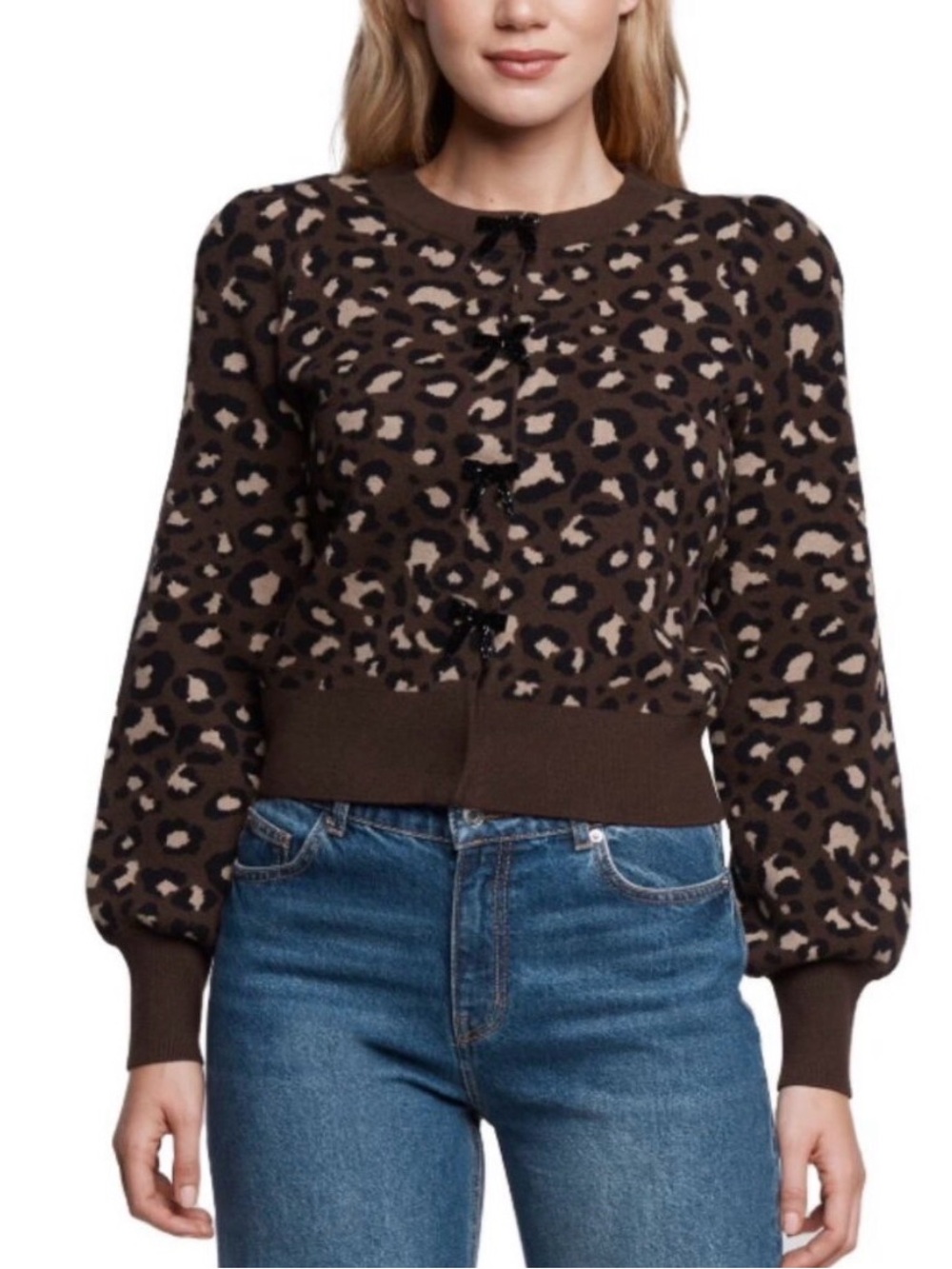 Express Brown Leopard Print Bow-Accent Cardigan
